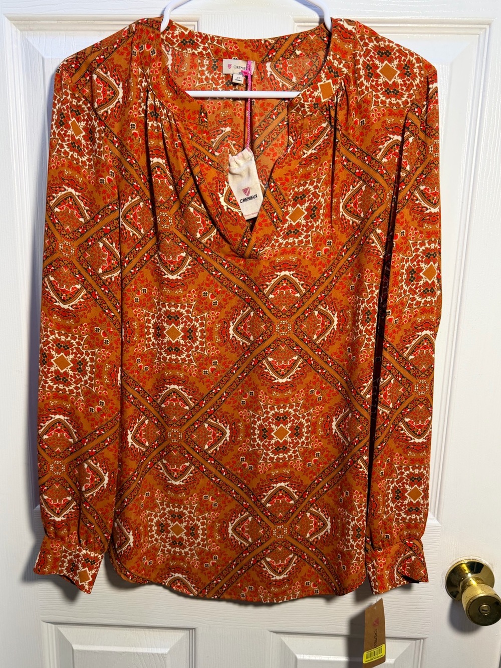 Women's Long-Sleeve V-Neck Blouse in Rust Orange